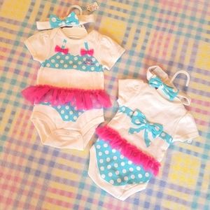 KOALA BABY ♡ 2pc Headband 'n Aqua|White Polka Dot Pink Bows Mesh Bikini Onesie